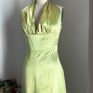 Women’s Medium Dress Chartreuse Satin Halter Gown Handmade Vintage Glam